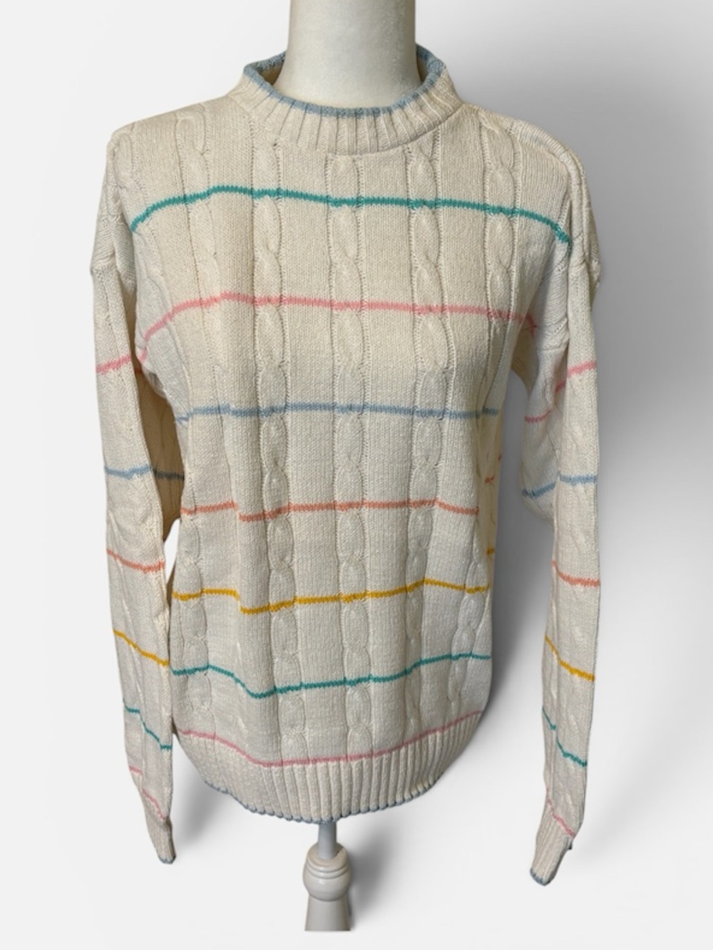 BOSTON CLIPPER White Striped Cotton Cable Knit Crewneck Sweater Size Large